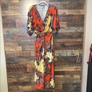 Venus Orange and Red Flutter Sleeve Maxi Gown